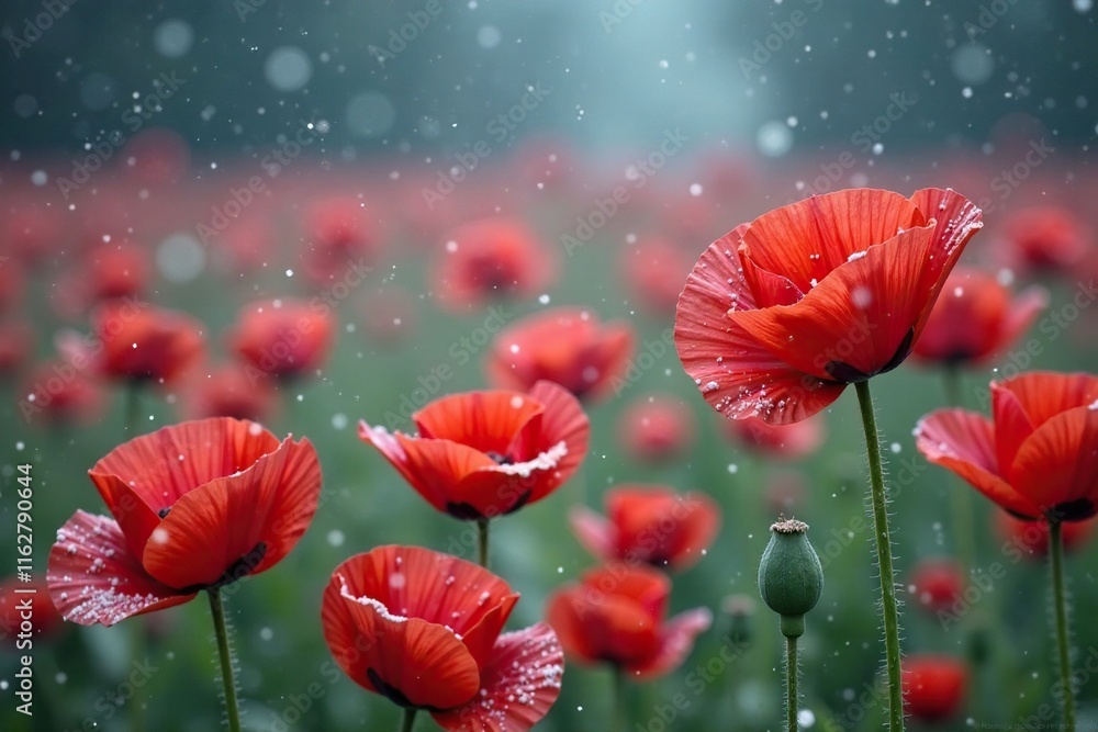 Obraz premium Dense snowflakes fall gently on crimson poppies, cold, flowers, nature