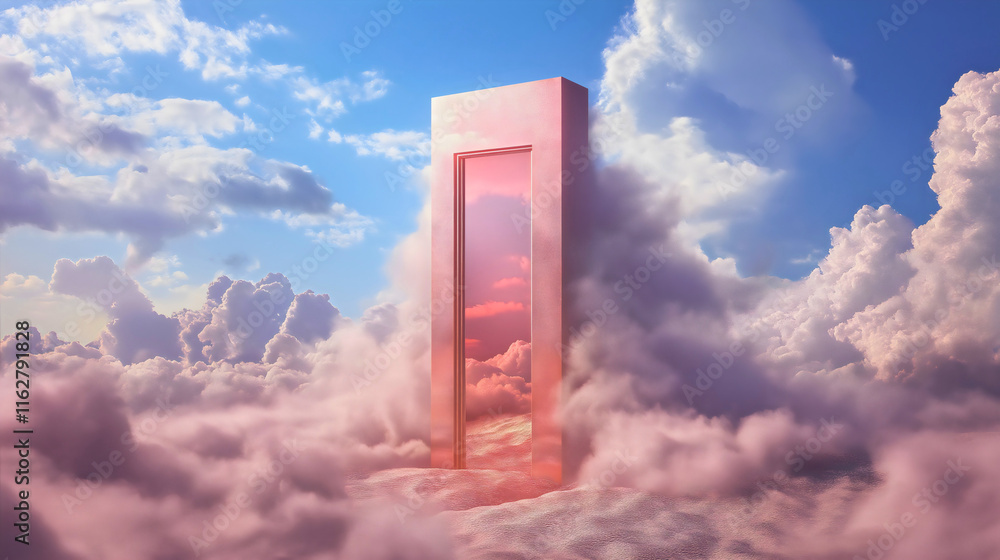 Open door to cloud sky 3d concept, surreal entrance with heavenly light, dream doorway freedom illustration, minimal opportunity metaphor Open door to cloud sky 3d concept, surreal entrance with heavenly light, dream doorway freedom illustration, minimal opportunity metaphor