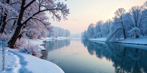 Frozen water and trees on the river bank of Sukhona, riverbank, cold photo