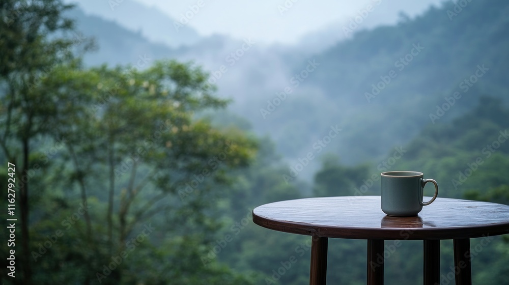 Obraz premium Misty mountain view with coffee cup on wooden table.