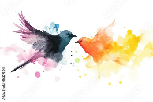 Watercolor illustration of two birds silhouetted against the sunset sky