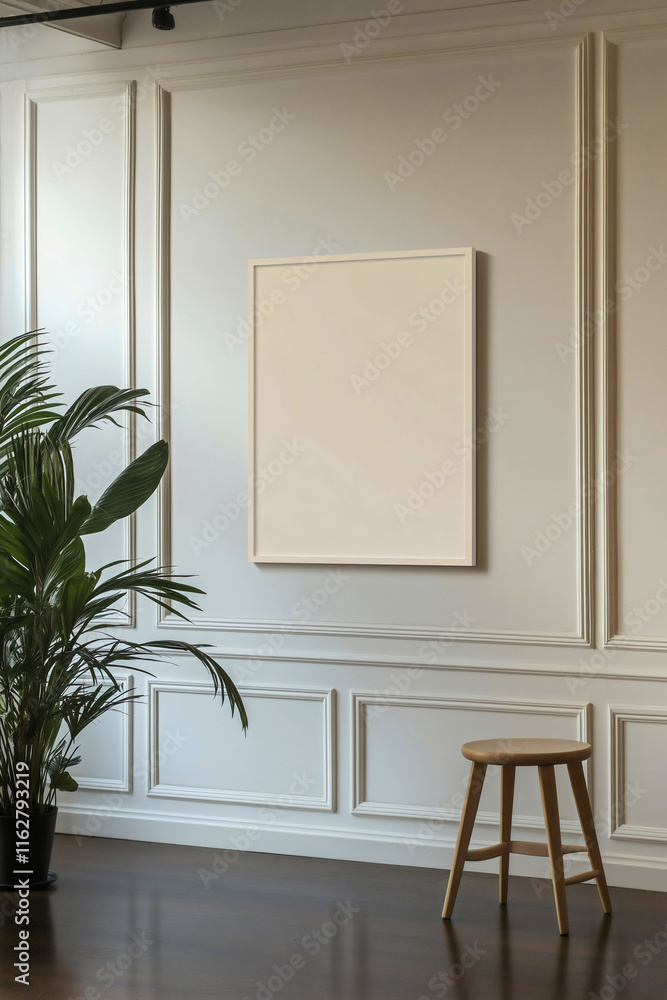 Minimalist space with wooden stool, serene corner with potted plant, clean white wall with frame, peaceful contemporary arrangement