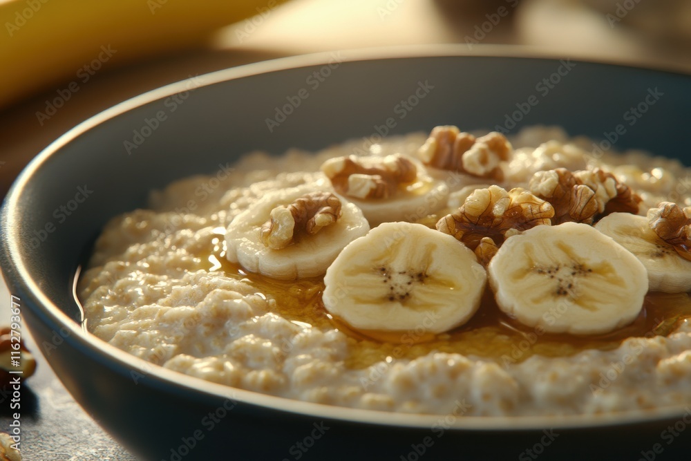 A delicious bowl of oatmeal topped with fresh banana slices, a drizzle of honey, and crunchy walnuts, set against a soft golden farmhouse kitchen backdrop A delicious bowl of oatmeal topped with fresh banana slices, a drizzle of honey, and crunchy walnuts, set against a soft golden farmhouse kitchen backdrop