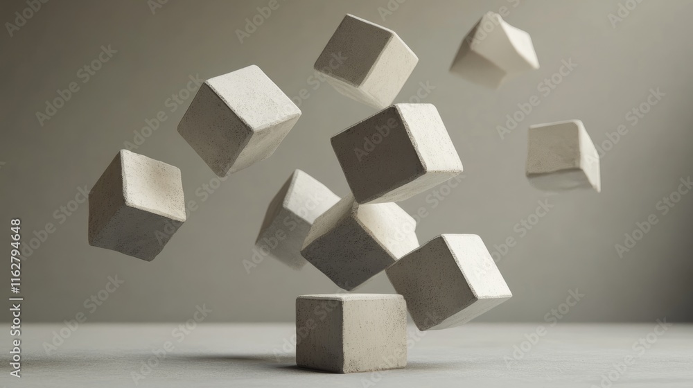 A collection of floating concrete cubes in a minimalist setting, creating a sense of balance. A collection of floating concrete cubes in a minimalist setting, creating a sense of balance.