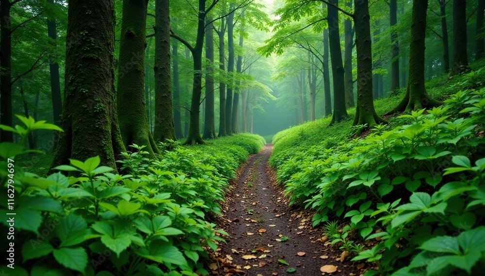 Overgrown path winding through the overcast green forest, greenery, lichen, forest path Overgrown path winding through the overcast green forest, greenery, lichen, forest path
