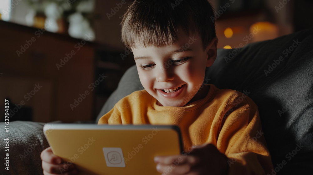 A joyful child with autism engages with a specialized communication app on a tablet while sitting comfortably at home. Generative AI A joyful child with autism engages with a specialized communication app on a tablet while sitting comfortably at home. Generative AI