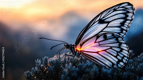 Highlighting the Importance of Mountain Ecosystems and Biodiversity, a macro shot of a dew-covered butterfly resting on a mountain shrub, with glowing neon veins on its wings symbolizing. photo