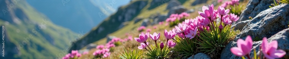 Pink to purple flowers blooming on rocky slope, scilla bifolia, alpine squill Pink to purple flowers blooming on rocky slope, scilla bifolia, alpine squill
