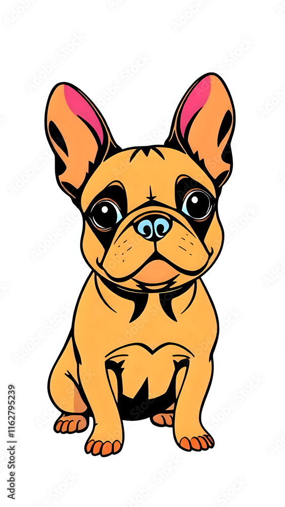 Illustration of an adorable French bulldog in a sleek linear silhouette style with playful expression.