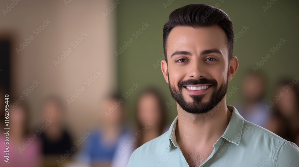 Obraz premium Close-up Photo: Confidently Smiling Man Amongst Blurred Colleagues. AI Generated