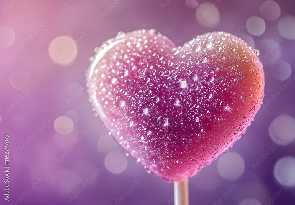 Fototapeta premium Closeup Dewy Pink Heart Lollipop Candy Sweet Treat