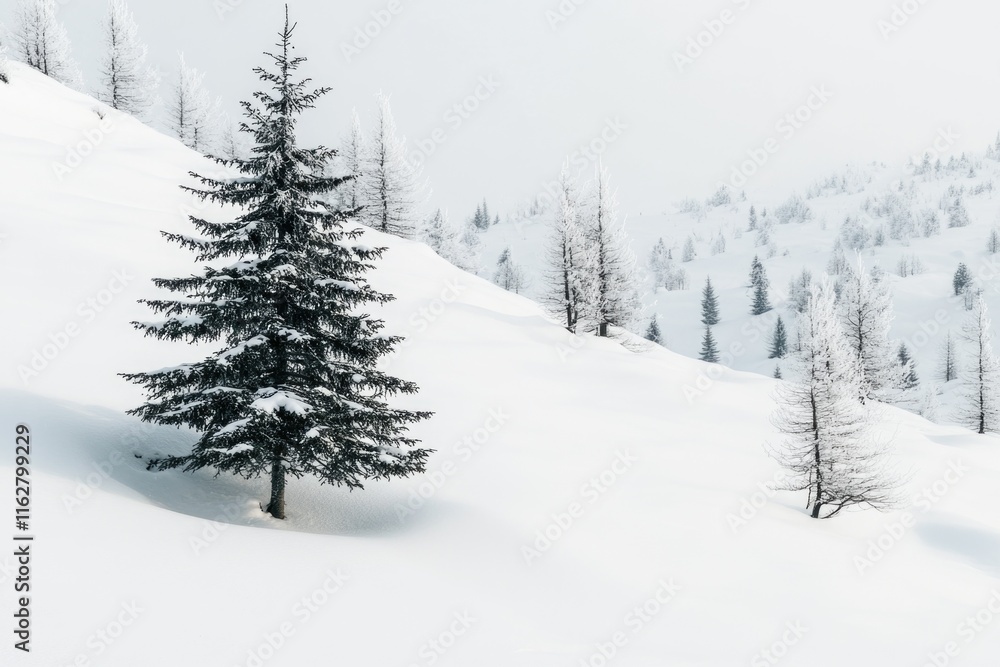 A single tree stands isolated in a snowy landscape A single tree stands isolated in a snowy landscape