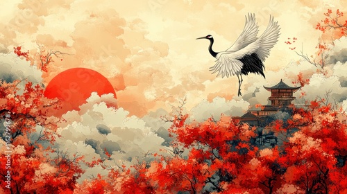 A traditional Japan-style background featuring a stylized crane surrounded by ornamental clouds and an open center for design 