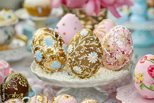 Gold and pastel Easter eggs decorated with intricate floral designs on a white dish, festive setup. photo