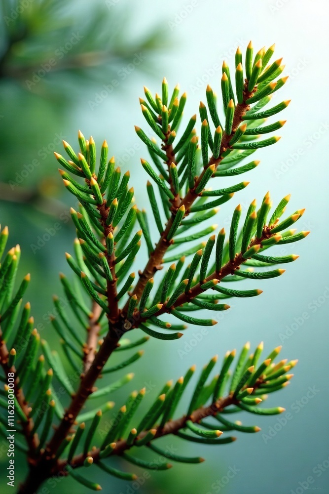 Fototapeta premium Spruce branch with tiny buds and small leaves, rustic, conifer, foliage