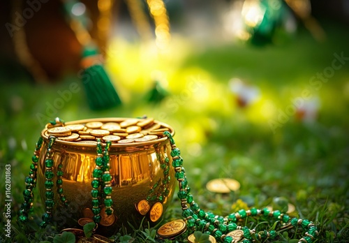 Golden Pot of Coins with Green Beads on Grass, St. Patrick's Day Treasure photo