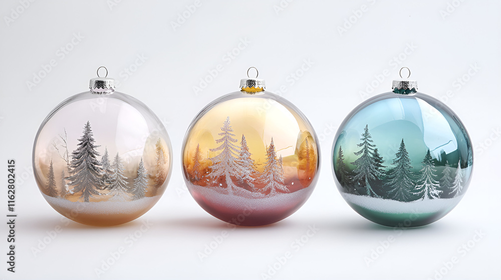 Trio of glass Christmas ornaments with winter forest designs Trio of glass Christmas ornaments with winter forest designs