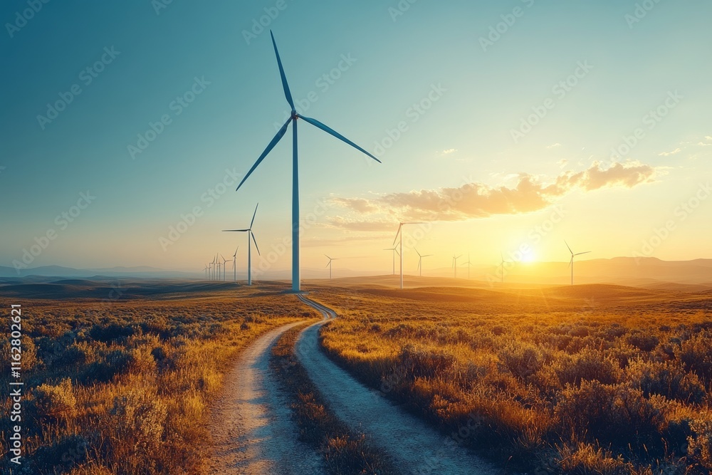 A wind farm with rows of modern wind turbines spinning on a sunny day. Generative AI