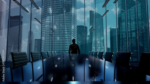 No-Click Searches. Businessman Working in Office among Skyscrapers. Hologram Concept