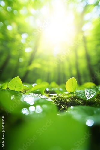 A tranquil forest scene showcasing vibrant green leaves illuminated by sunlight filtering through the trees. photo