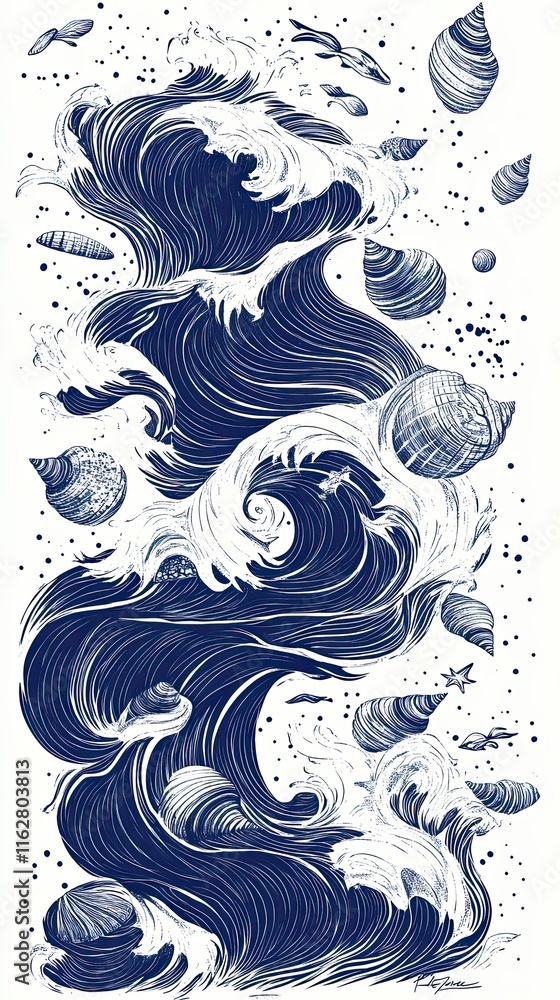 Fototapeta premium Ocean Waves Crashing with Seashells and Small Fish