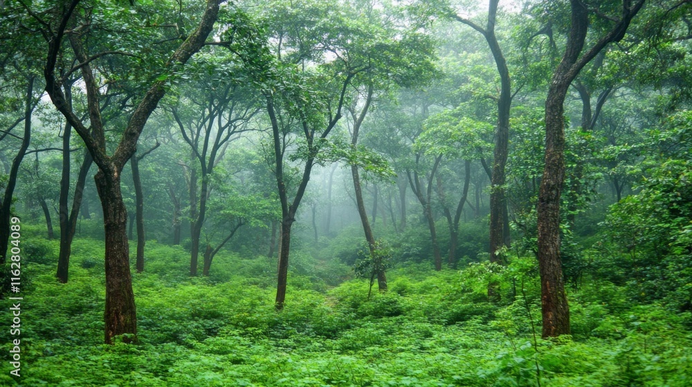 Misty Forest Scene with Overcast Skies and Low Light Misty Forest Scene with Overcast Skies and Low Light