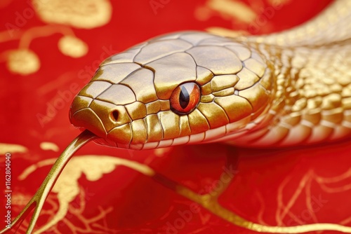 A close-up shot of a snake's head on a vibrant red background photo