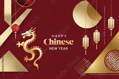 Minimalist Chinese New Year Banner Poster with Red Lanterns and Dragon Decorations & Wishes – Perfect Poster for Festive Decor and Celebrations