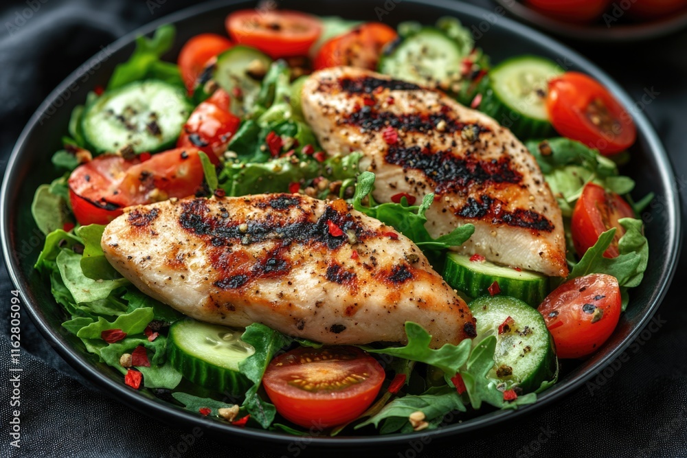Fresh chicken and colorful vegetables arranged on a black plate, great for food photography or meal inspiration Fresh chicken and colorful vegetables arranged on a black plate, great for food photography or meal inspiration