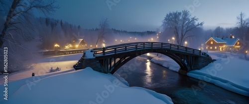 A snow globe featuring a winter village scene atop a frost covered bridge spanning a frozen stream with a hint of frost clinging to the surfaces photo