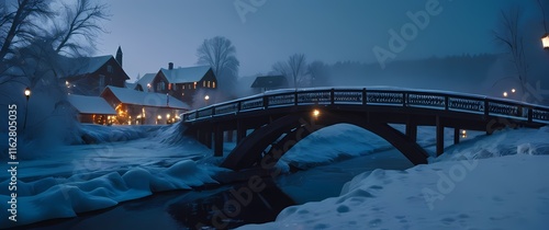 A snow globe featuring a winter village scene atop a frost covered bridge spanning a frozen stream with a hint of frost clinging to the surfaces photo