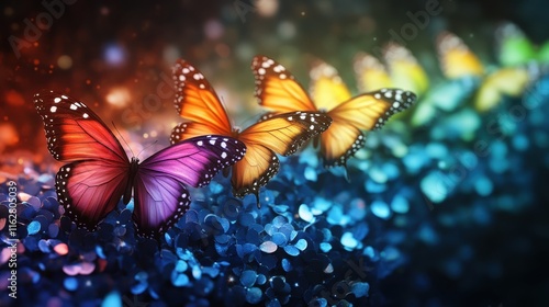 A dynamic Pride-themed backdrop featuring a bold rainbow butterfly in flight with an uncluttered middle section 