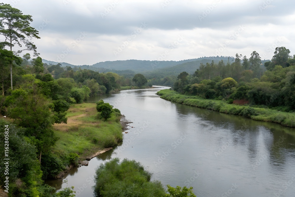 Fototapeta premium The Pambar River in Kerala, India, originates near Anamudi in Idukki district. It flows through Eravikulam National Park and Chinnar Wildlife Sanctuary, merging with the Chinnar River at Koottar.