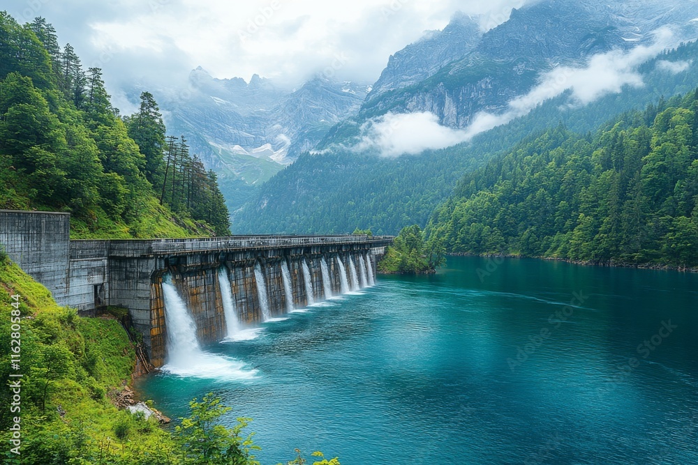A hydroelectric dam surrounded by pristine nature. Generative AI A hydroelectric dam surrounded by pristine nature. Generative AI