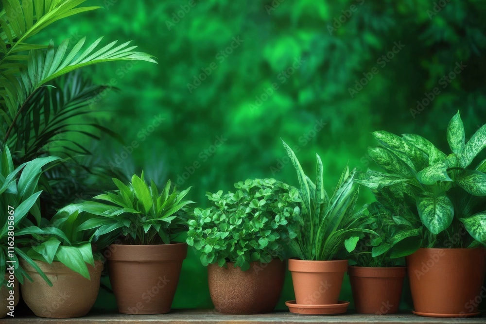 A vibrant display of various green plants in terracotta pots, set against a lush green background, ideal for home decor inspiration. A vibrant display of various green plants in terracotta pots, set against a lush green background, ideal for home decor inspiration.