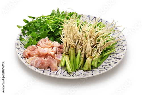 Ingredients for Sendai seri nabe ( Japanese parsley hotpot ). Seri roots are a delicious dish.
