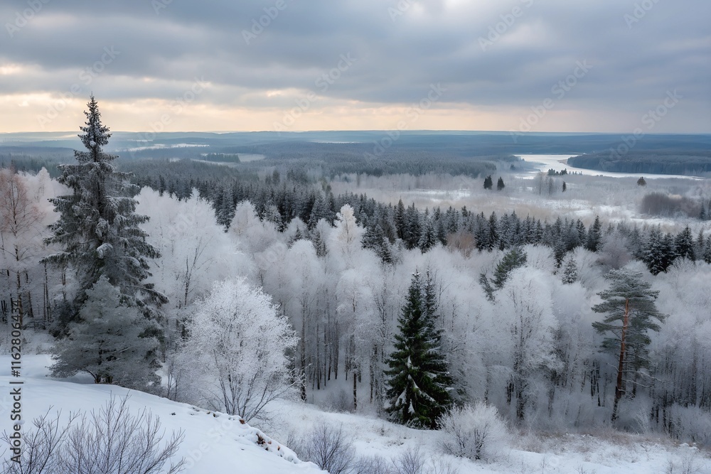 Obraz premium A vast, panoramic Russian winter landscape with snow-covered trees, a dense forest stretching into the horizon, and a serene, cold atmosphere under a pale winter sky.