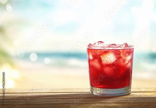 Refreshing Red Summer Drink on Beach Wood photo