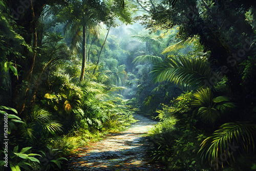 Sunlit jungle path surrounded by lush green foliage