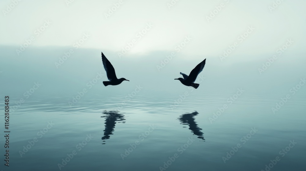 Naklejka premium Serene Seascape with Birds in Symmetrical Composition