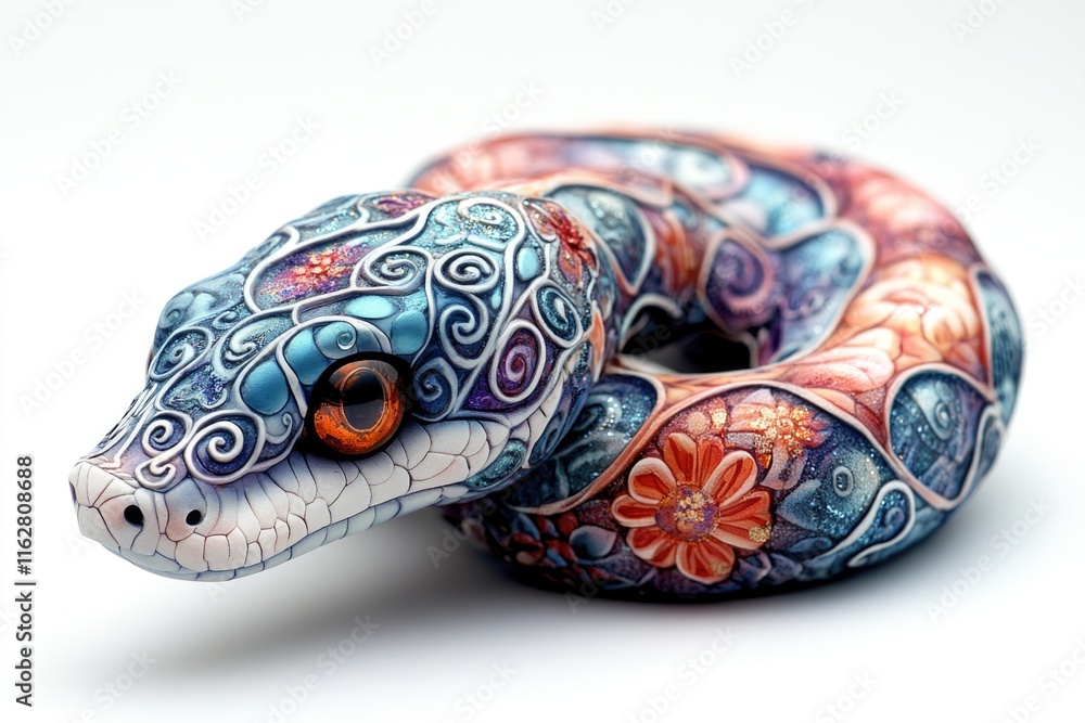 A close-up view of a snake's head and body on a white surface A close-up view of a snake's head and body on a white surface