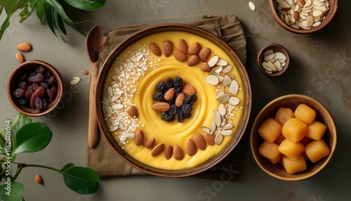 Creamy Keksi Bowl with Nuts, Fruits, and Toppings on Rustic Table Setting photo