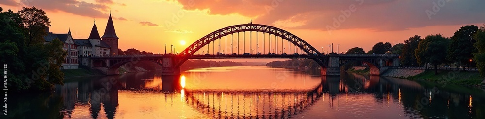 Fototapeta premium Historic bridge at sunset partially submerged in Rhine River, arch bridge, Rhine River