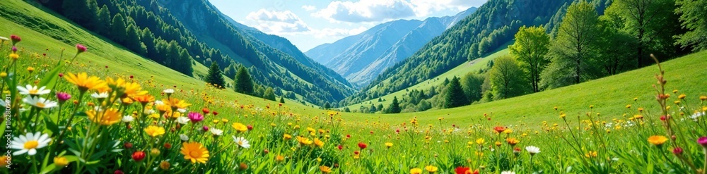 Fototapeta premium Lush greenery and wildflowers carpeting the valley floor, serene atmosphere, greenery, blooming plants