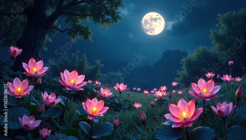 Fototapeta Naklejka Na Ścianę i Meble -  Moonlit garden with ethereal flowers glowing softly, shadows, pale, peaceful