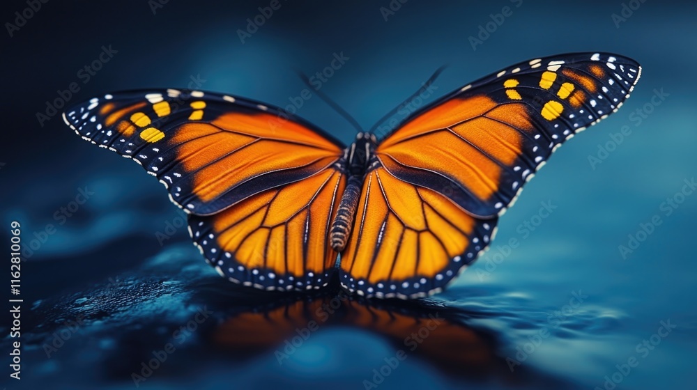 Fototapeta premium A close-up view of a butterfly perched on a flat surface, showcasing its intricate details and colors