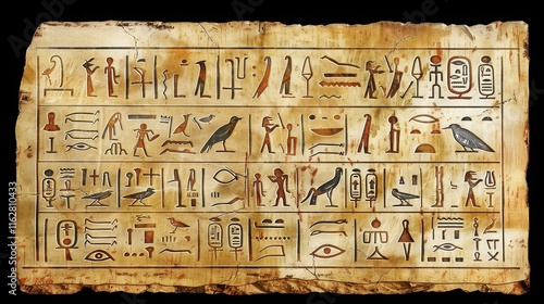 An illustration of the ancient Egyptian writing system, showing hieroglyphs carved on a stone tablet.