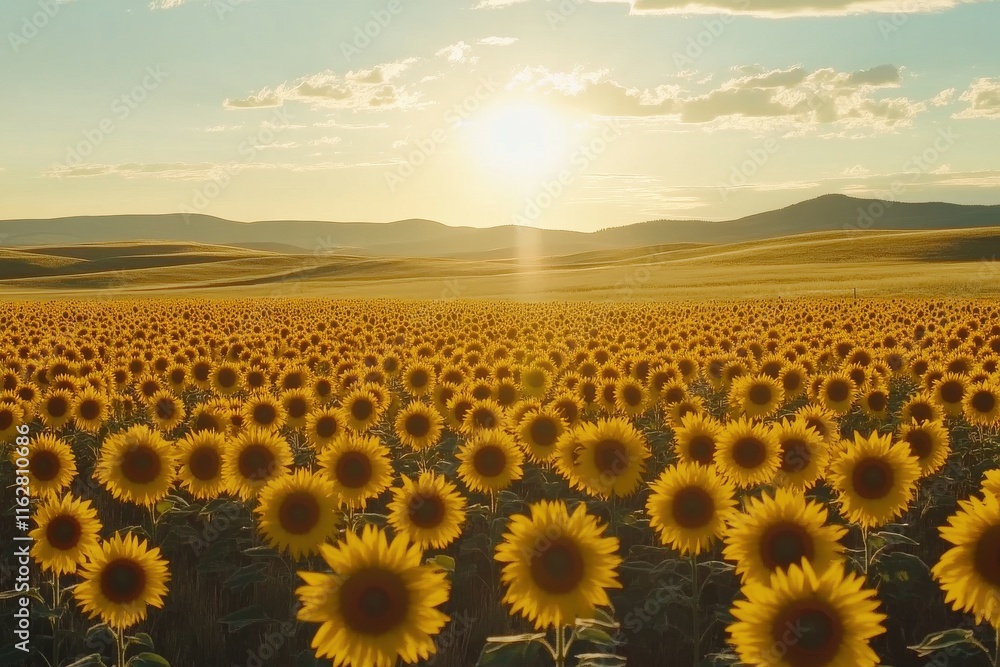 Obraz premium Breathtaking Mid-Shot of Vibrant Sunflowers Facing the Sun with Distant Rolling Hills as a Serene Backdrop in Bright Daylight