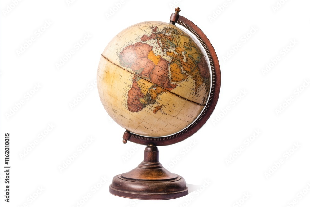 A globe sitting on a wooden stand against a white background A globe sitting on a wooden stand against a white background