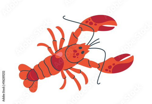 Bright red lobster with detailed claws, spots, and long antennae, isolated on a white background, perfect for seafood, marine, and culinary concepts. Flat cartoon vector illustration